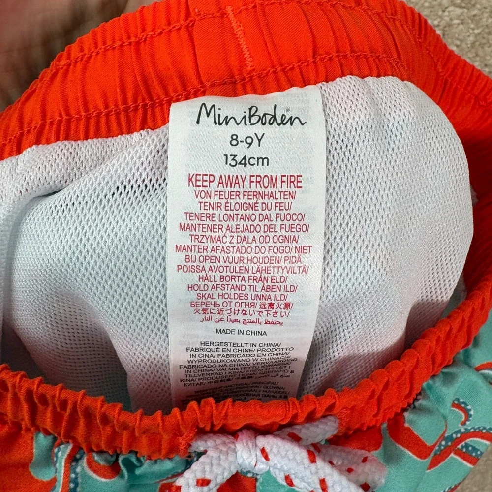 MINI BODEN Swim Trunks Boys Size 8 Blue Orange Octopus Print Beach Shorts
